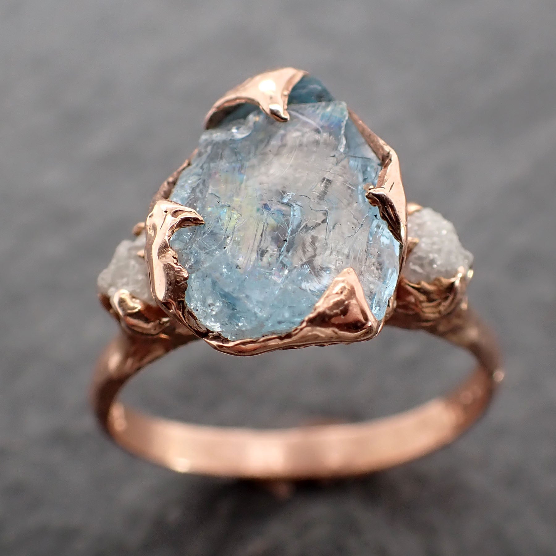 Raw Uncut Aquamarine Diamond Rose Gold Engagement Ring Multi stone Wedding 14k Ring Custom Gemstone Bespoke  byAngeline 2503