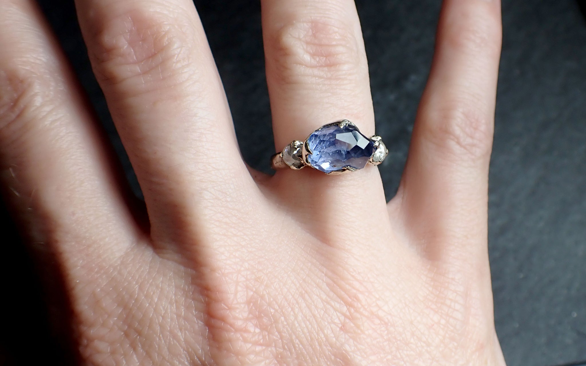 partially faceted blue montana sapphire and fancy diamonds 18k white gold engagement wedding ring custom gemstone ring multi stone ring 2504 Alternative Engagement