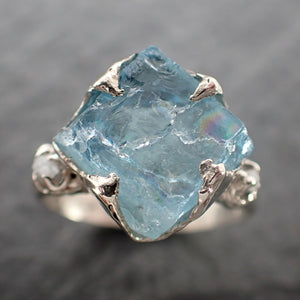 raw uncut aquamarine diamond white 14k gold engagement ring wedding ring custom one of a kind gemstone ring multi stone ring 2505 Alternative Engagement