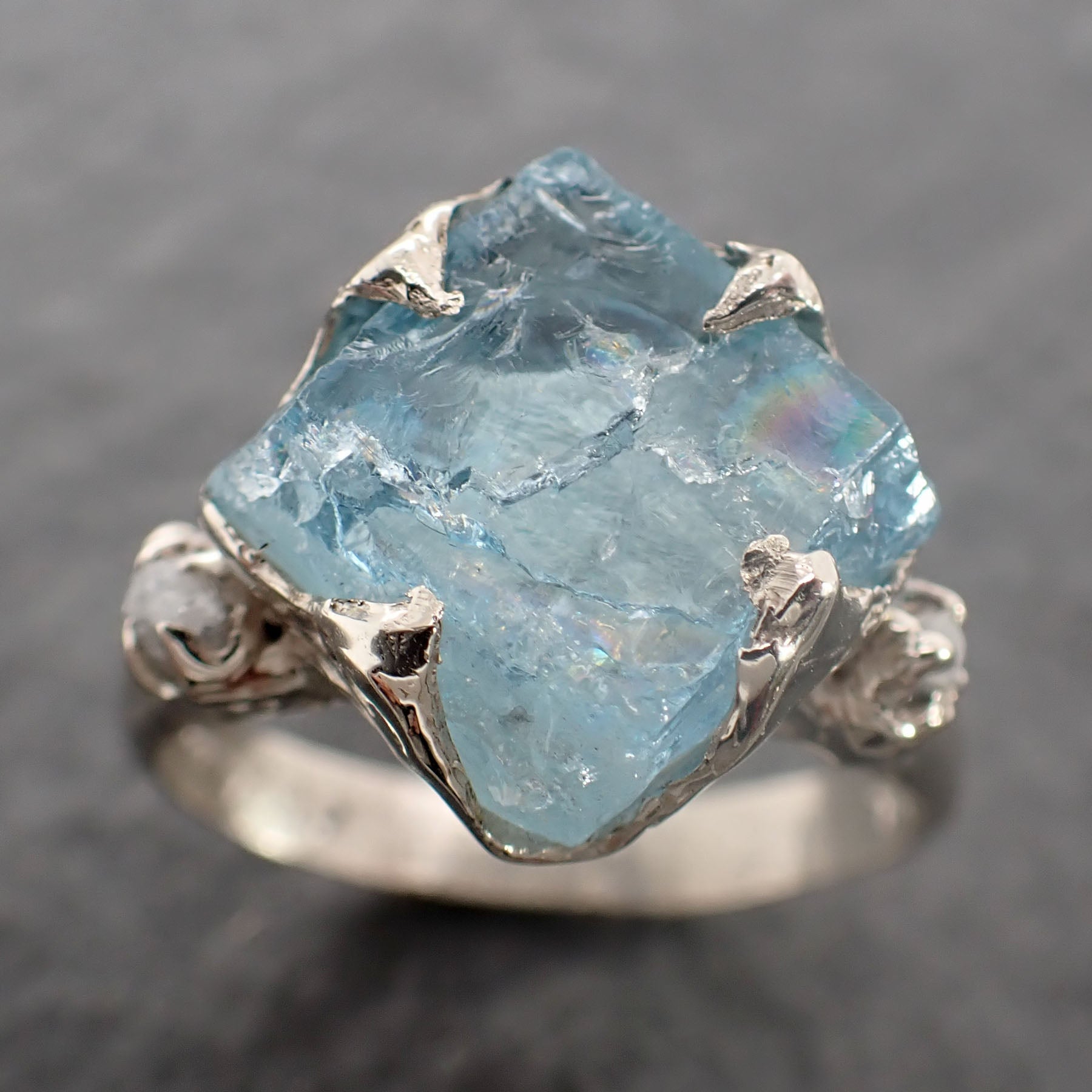 Raw Uncut Aquamarine Diamond white 14k Gold Engagement Ring Wedding Ring Custom One Of a Kind Gemstone Ring Multi stone Ring 2505