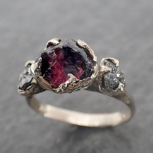 Raw Rough Black Diamond sapphire Ruby Multi Stone Ring 14k White Gold red Gemstone Engagement birthstone Ring byAngeline 2507