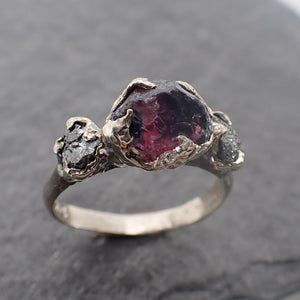Raw Rough Black Diamond sapphire Ruby Multi Stone Ring 14k White Gold red Gemstone Engagement birthstone Ring byAngeline 2507