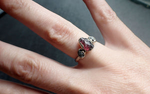 Raw Rough Black Diamond sapphire Ruby Multi Stone Ring 14k White Gold red Gemstone Engagement birthstone Ring byAngeline 2508