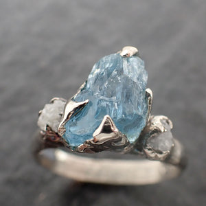 raw uncut aquamarine diamond white 14k gold engagement ring wedding ring custom one of a kind gemstone ring multi stone ring 2506 Alternative Engagement