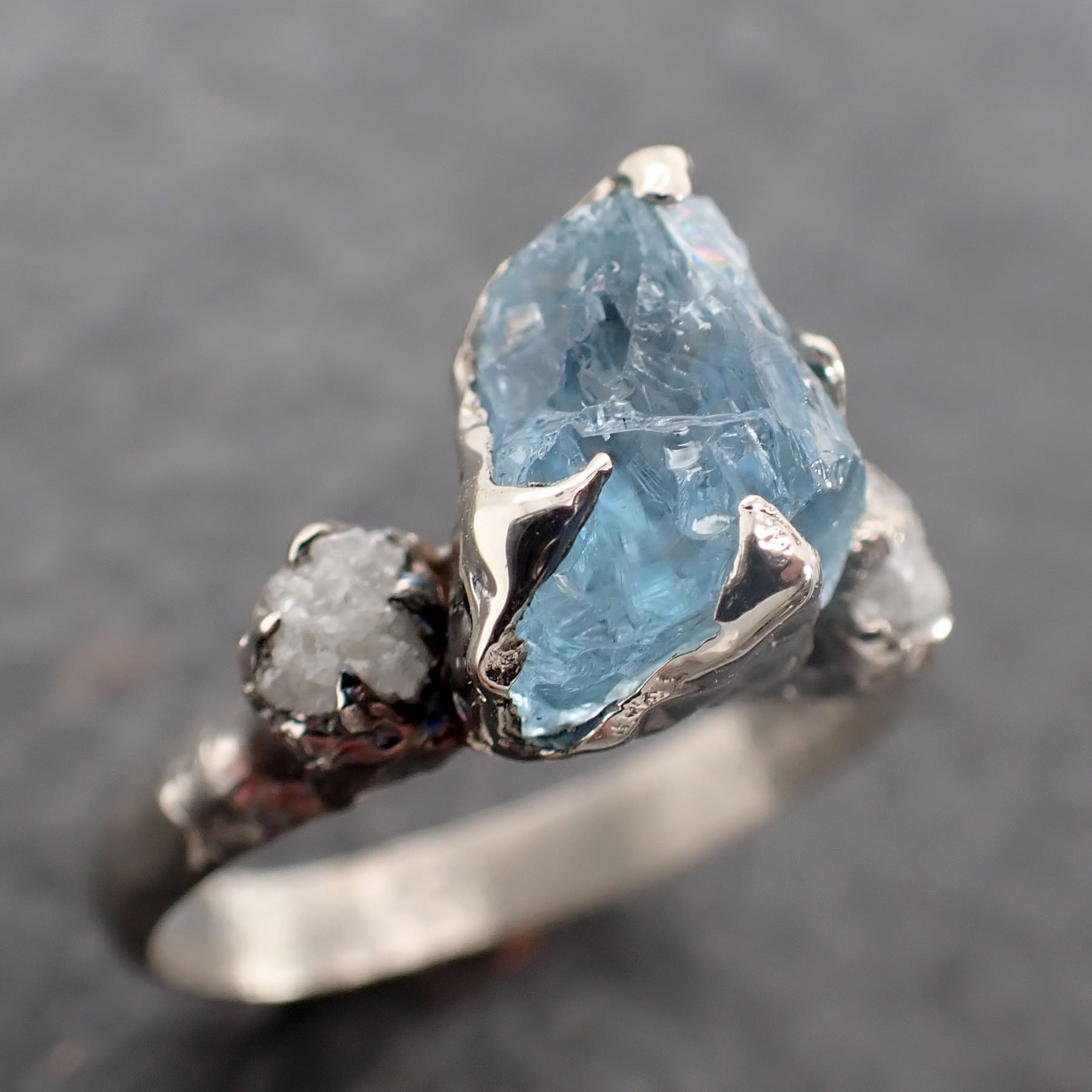 raw uncut aquamarine diamond white 14k gold engagement ring wedding ring custom one of a kind gemstone ring multi stone ring 2506 Alternative Engagement