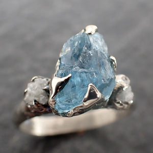 Raw Uncut Aquamarine Diamond white 14k Gold Engagement Ring Wedding Ring Custom One Of a Kind Gemstone Ring Multi stone Ring 2506