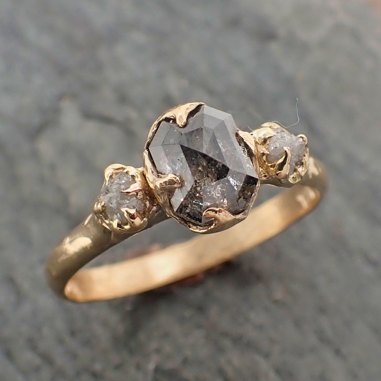 fancy cut salt and pepper diamond engagement 18k yellow gold multi stone wedding ring stacking rough diamond ring byangeline 2262 Alternative Engagement