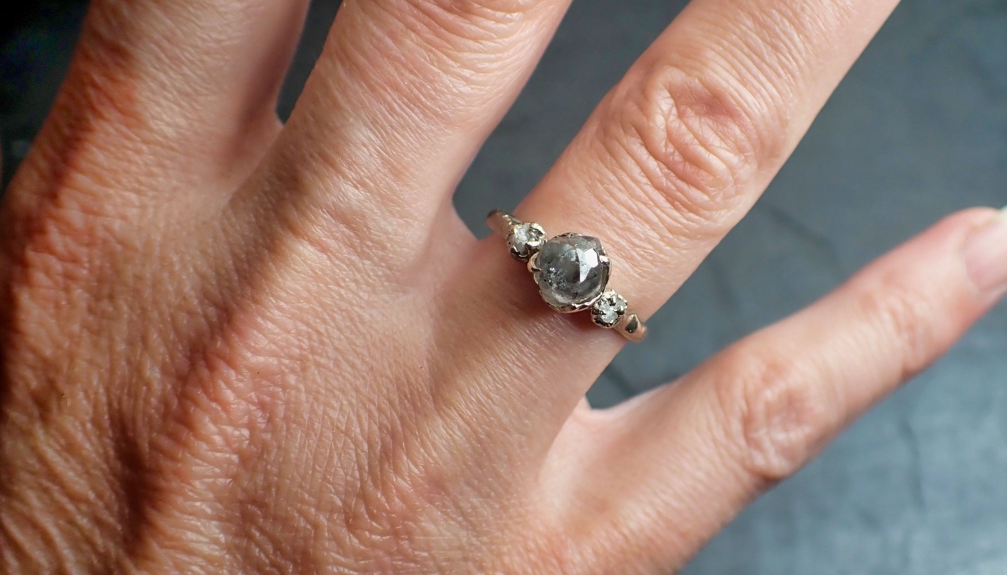 raw salt and pepper diamond engagement ring multi stone rough 14k white gold wedding ring diamond stacking ring rough diamond ring 2258 Alternative Engagement