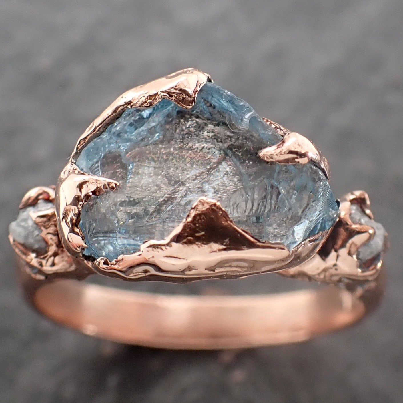 Aquamarine Diamond Raw Uncut rose 14k Gold Engagement Ring Multi stone Wedding Ring Custom One Of a Kind Gemstone byAngeline 2514