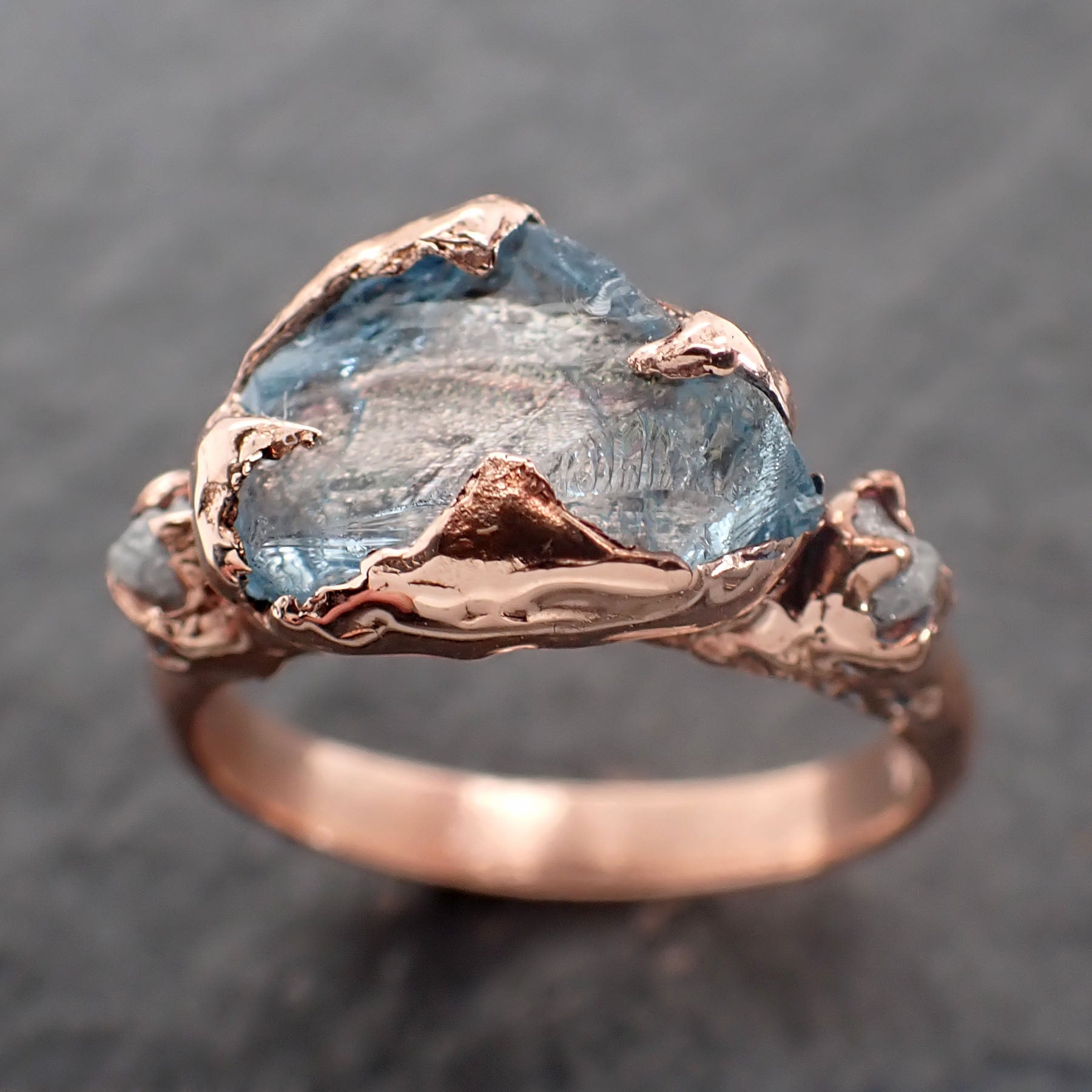 Aquamarine Diamond Raw Uncut rose 14k Gold Engagement Ring Multi stone Wedding Ring Custom One Of a Kind Gemstone byAngeline 2514
