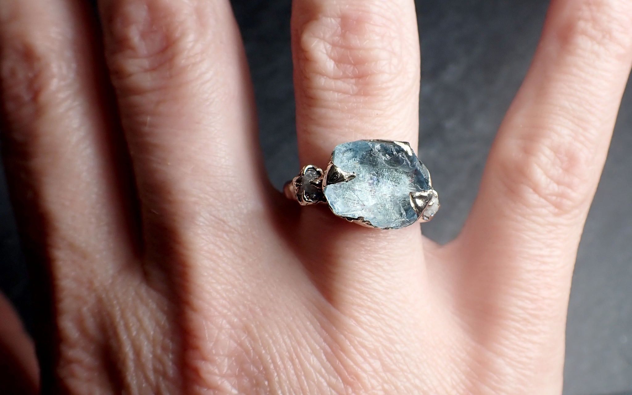 Raw Uncut Aquamarine Diamond White Gold Engagement Ring Wedding Ring Custom One Of a Kind Gemstone Ring Multi stone Ring 2512