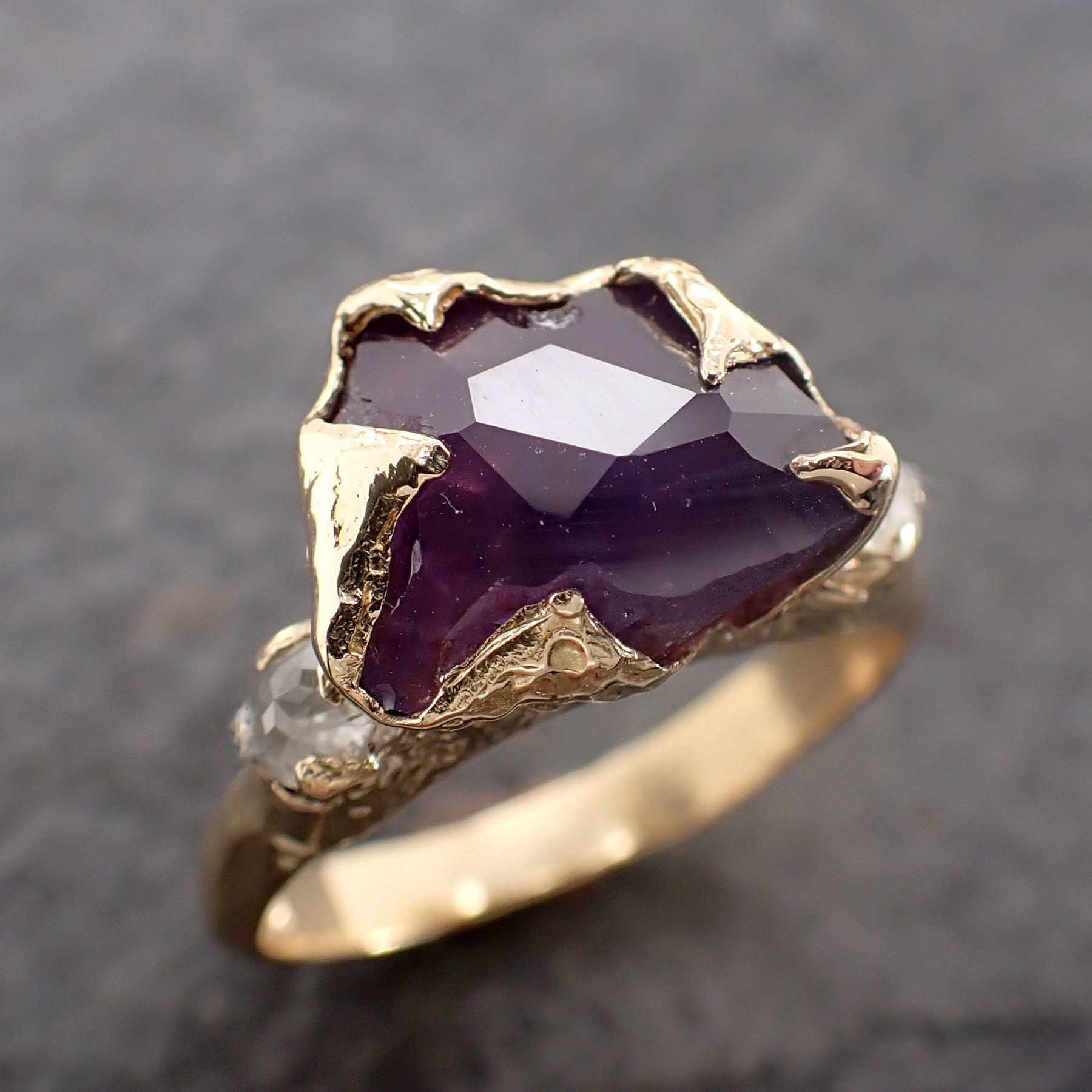 Partially Faceted purple Sapphire 18k Yellow gold Multi Stone Ring Gold Gemstone Engagement Ring 2516