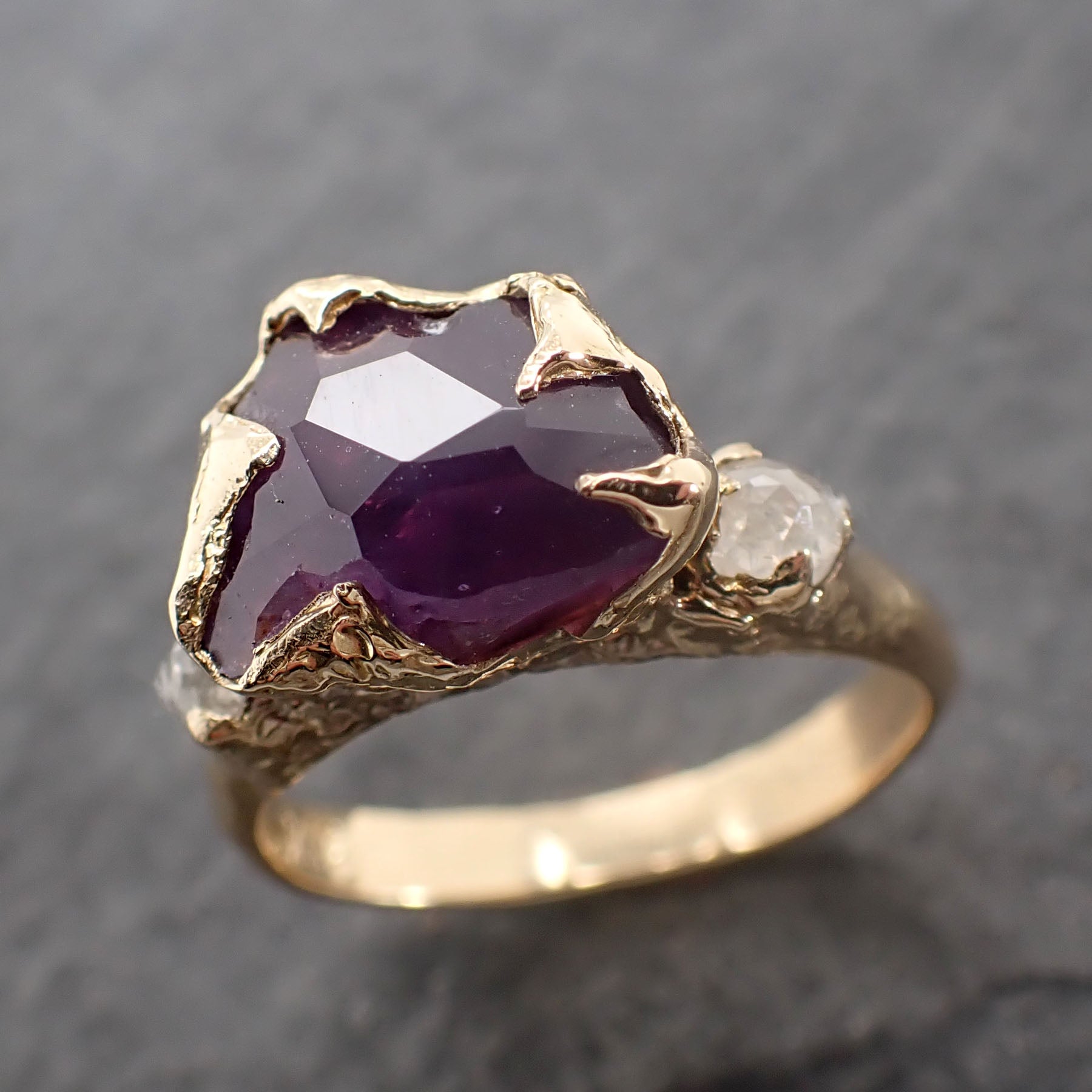 Partially Faceted purple Sapphire 18k Yellow gold Multi Stone Ring Gold Gemstone Engagement Ring 2516