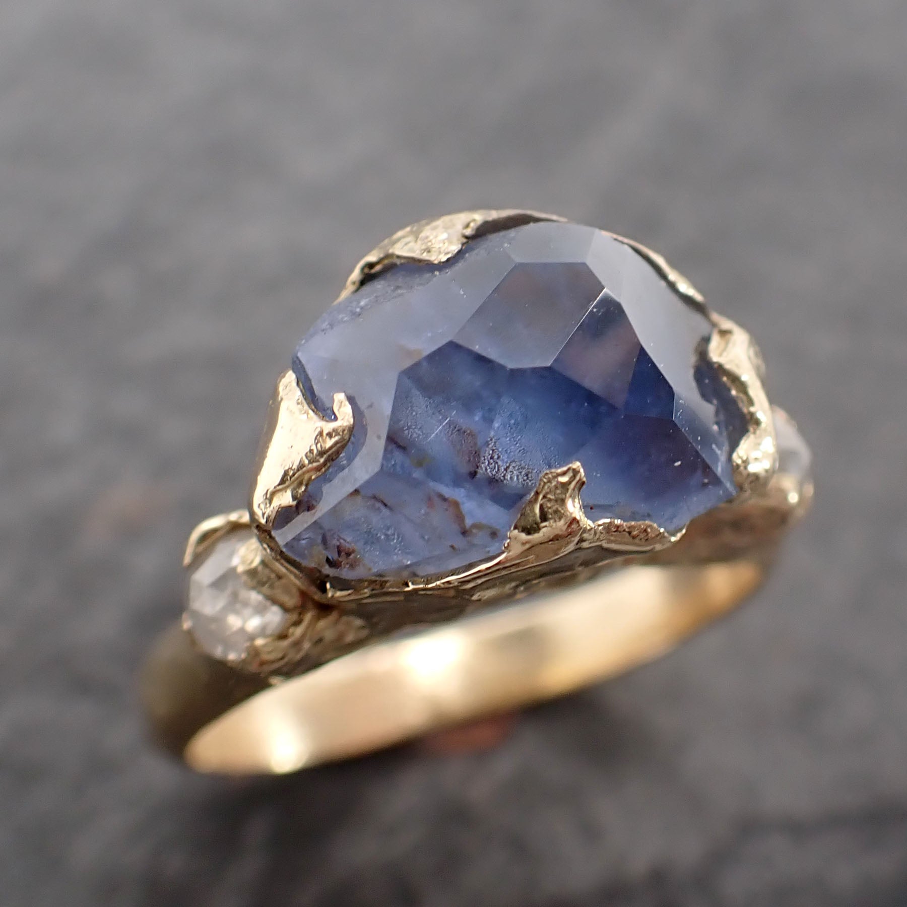 Partially faceted blue Montana Sapphire and fancy Diamonds 18k Yellow Gold Engagement Wedding Ring Gemstone Ring Multi stone Ring 2515