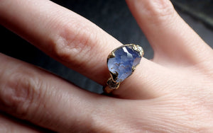 Partially faceted blue Montana Sapphire and fancy Diamonds 18k Yellow Gold Engagement Wedding Ring Gemstone Ring Multi stone Ring 2515