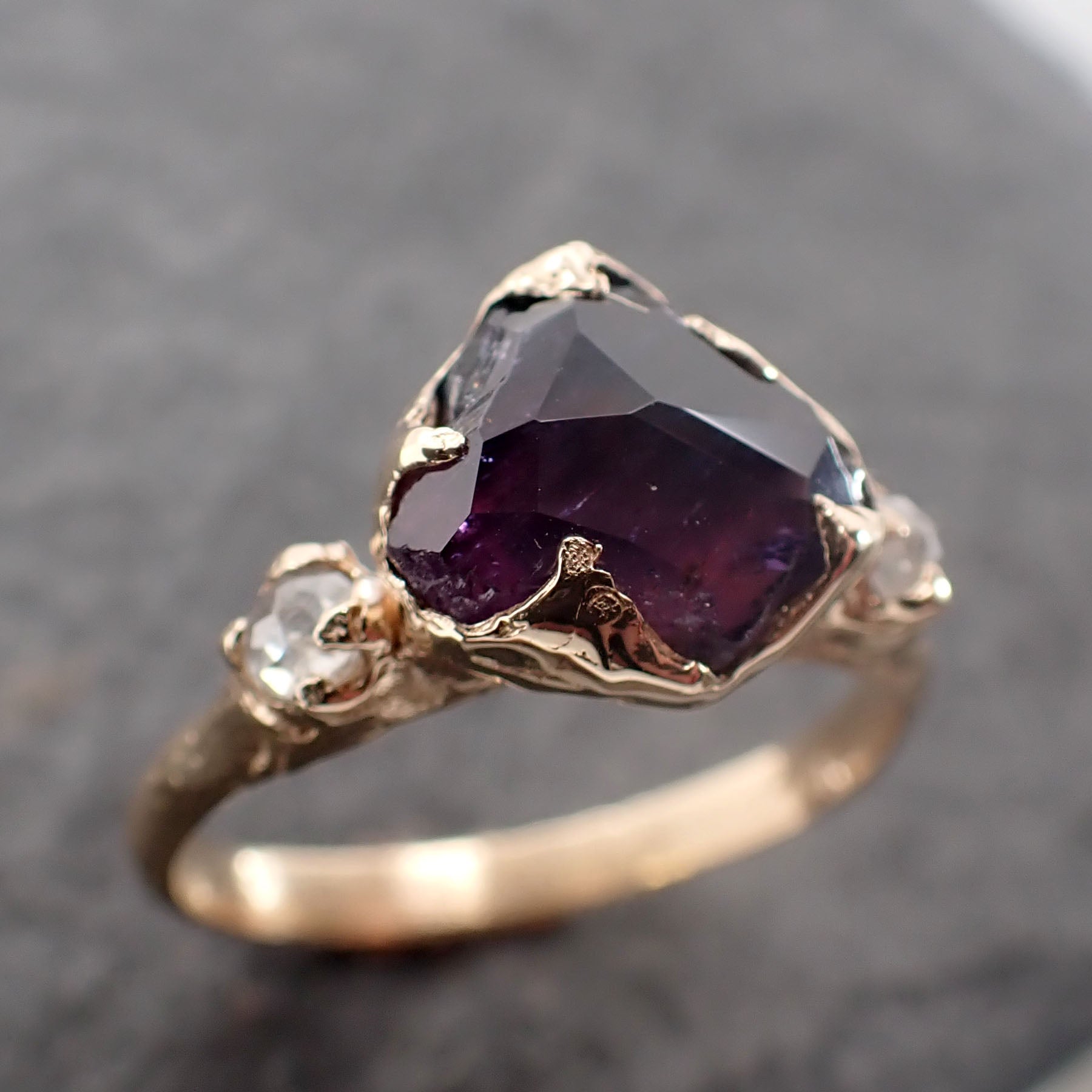 Partially Faceted purple Sapphire 14k gold Multi Stone Ring yellow Gold Gemstone Engagement Ring 2521