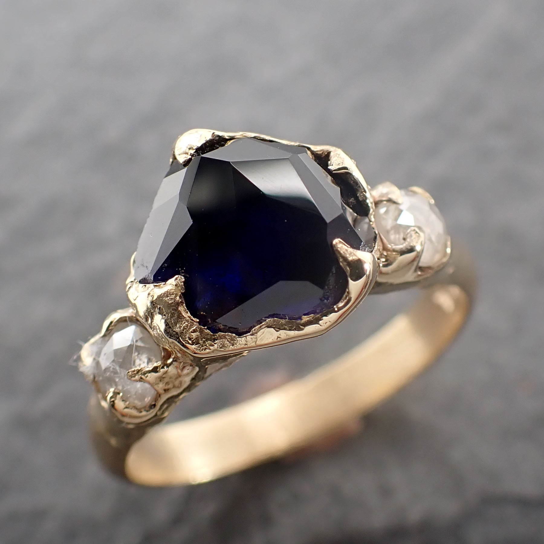 Partially Faceted blue Sapphire side diamonds Multi stone 18k Yellow Gold Engagement Ring Wedding Ring Custom Gemstone Ring 2519