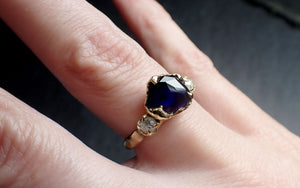 Partially Faceted blue Sapphire side diamonds Multi stone 14k Gold Engagement Ring Wedding Ring Custom Gemstone Ring 2519