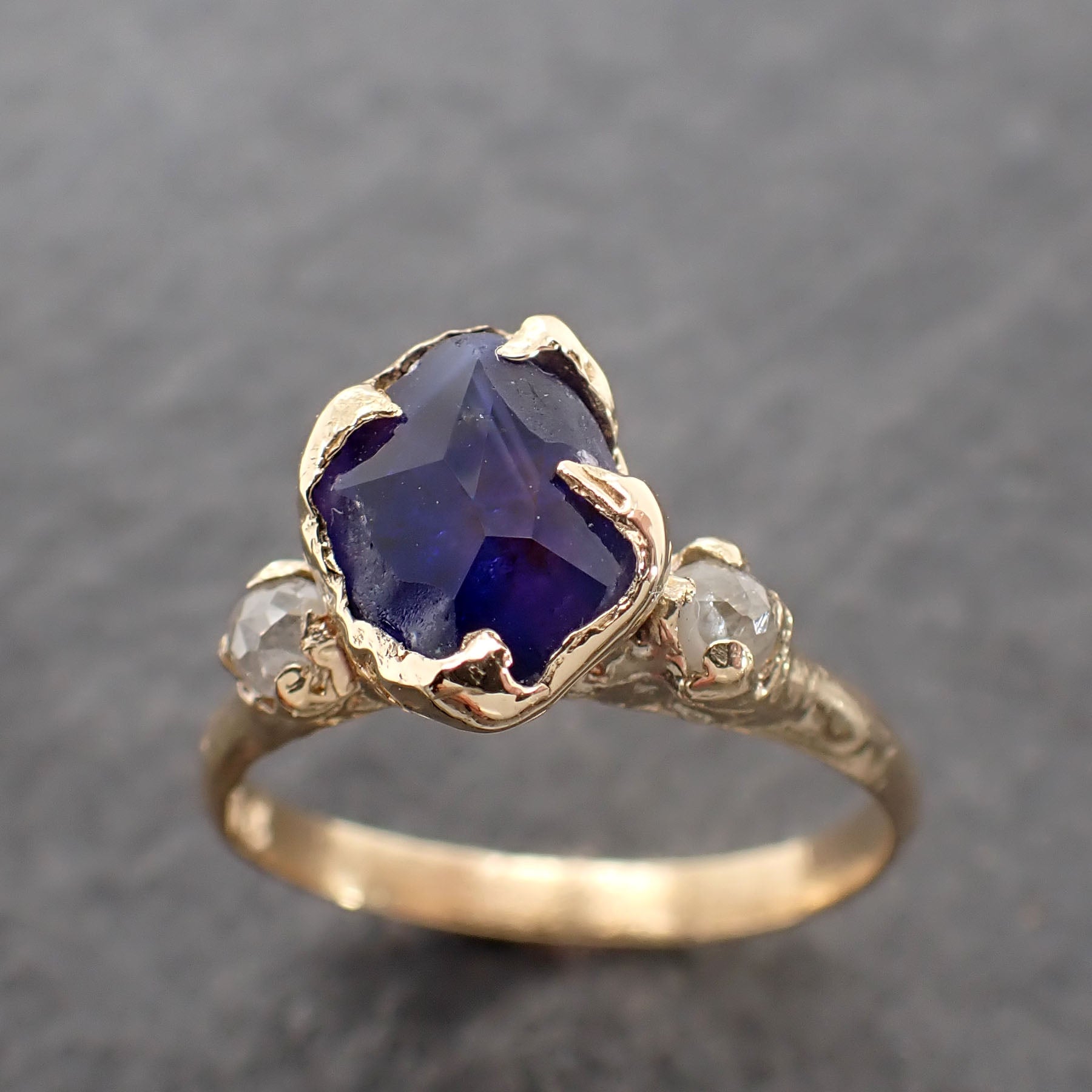 Partially Faceted blue Sapphire side diamonds Multi stone 18k Yellow Gold Engagement Ring Wedding Ring Custom Gemstone Ring 2517