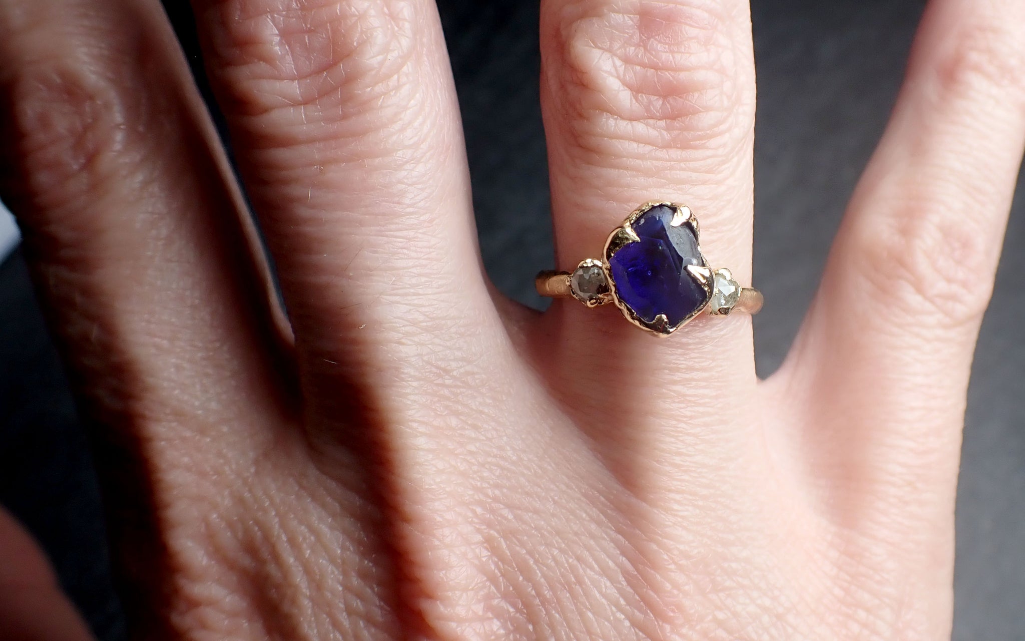 Partially Faceted blue Sapphire side diamonds Multi stone 18k Yellow Gold Engagement Ring Wedding Ring Custom Gemstone Ring 2517