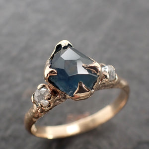 Partially faceted blue Montana Sapphire and fancy Diamonds 14k Yellow Gold Engagement Wedding Ring Gemstone Ring Multi stone Ring 2520