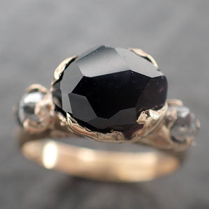 Partially Faceted dark blue Sapphire side diamonds Multi stone 14k Yellow Gold Engagement Ring Wedding Ring Custom Gemstone Ring 2518