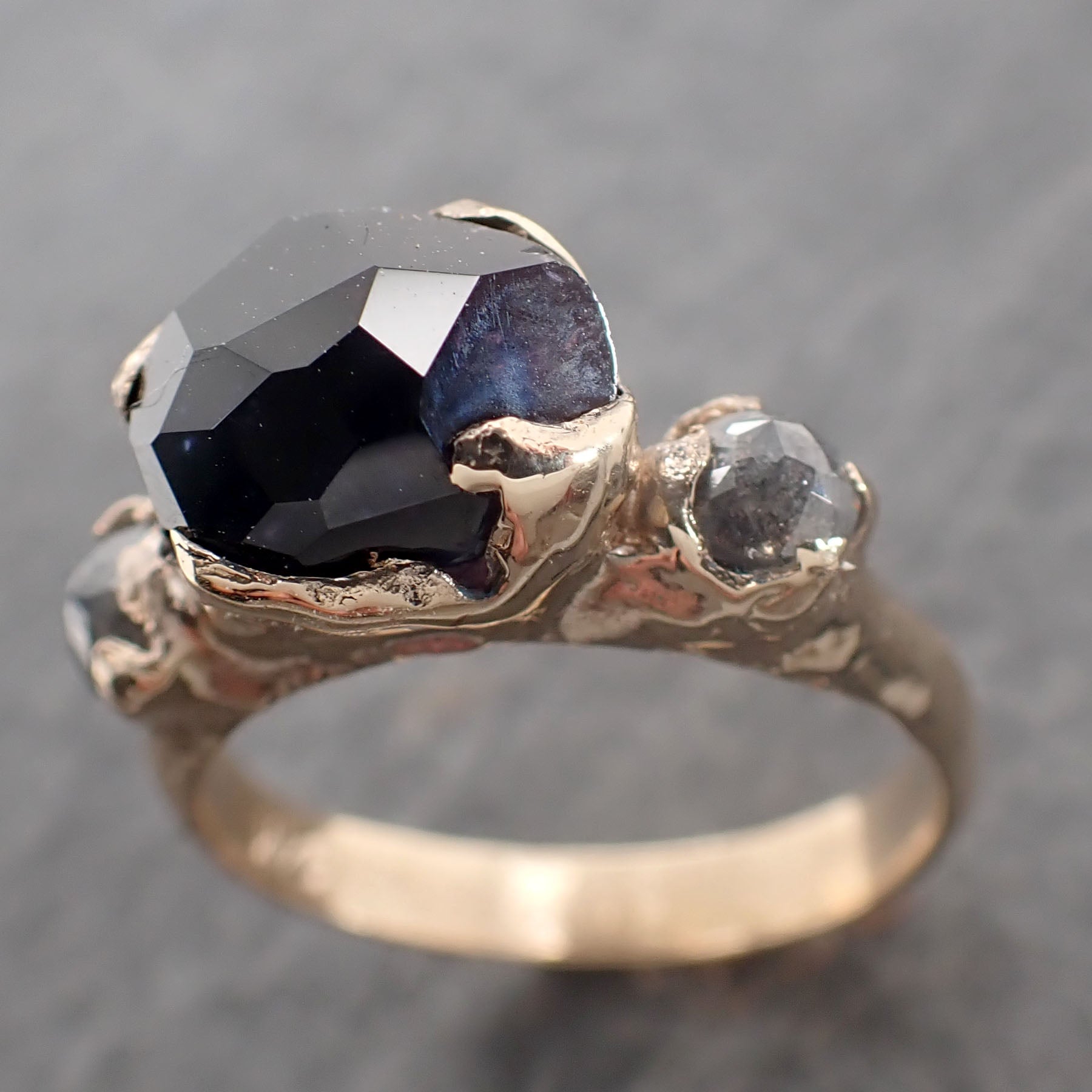 Partially Faceted dark blue Sapphire side diamonds Multi stone 14k Yellow Gold Engagement Ring Wedding Ring Custom Gemstone Ring 2518
