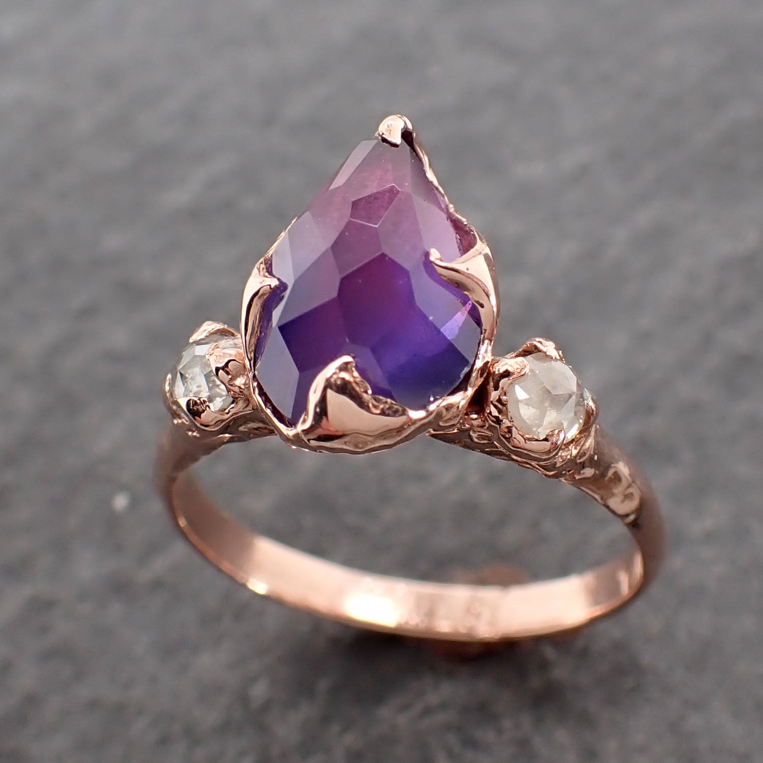 Partially Faceted purple Sapphire 14k Rose gold Multi Stone Ring Gold Gemstone Engagement Ring 2523