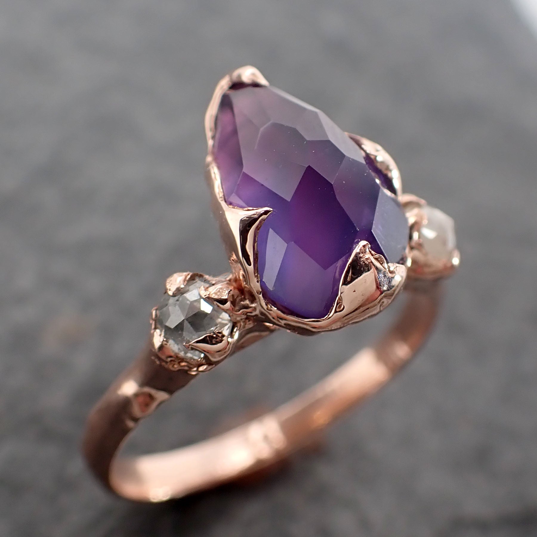 Partially Faceted purple Sapphire 14k Rose gold Multi Stone Ring Gold Gemstone Engagement Ring 2523
