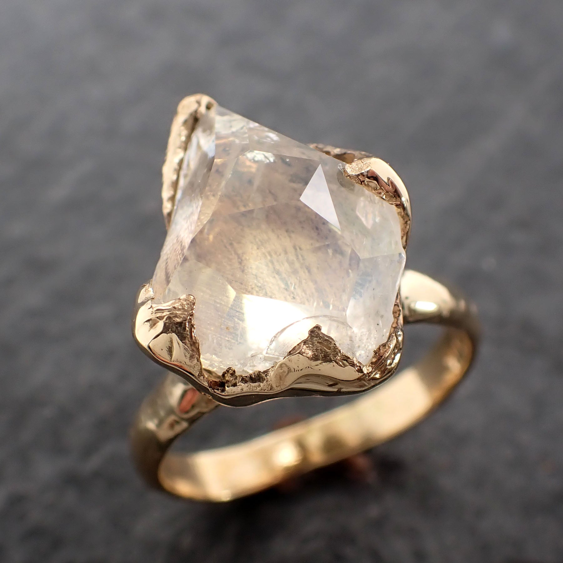 Partially Faceted Moonstone Yellow Gold Ring Gemstone Solitaire recycled 18k statement cocktail statement 2526