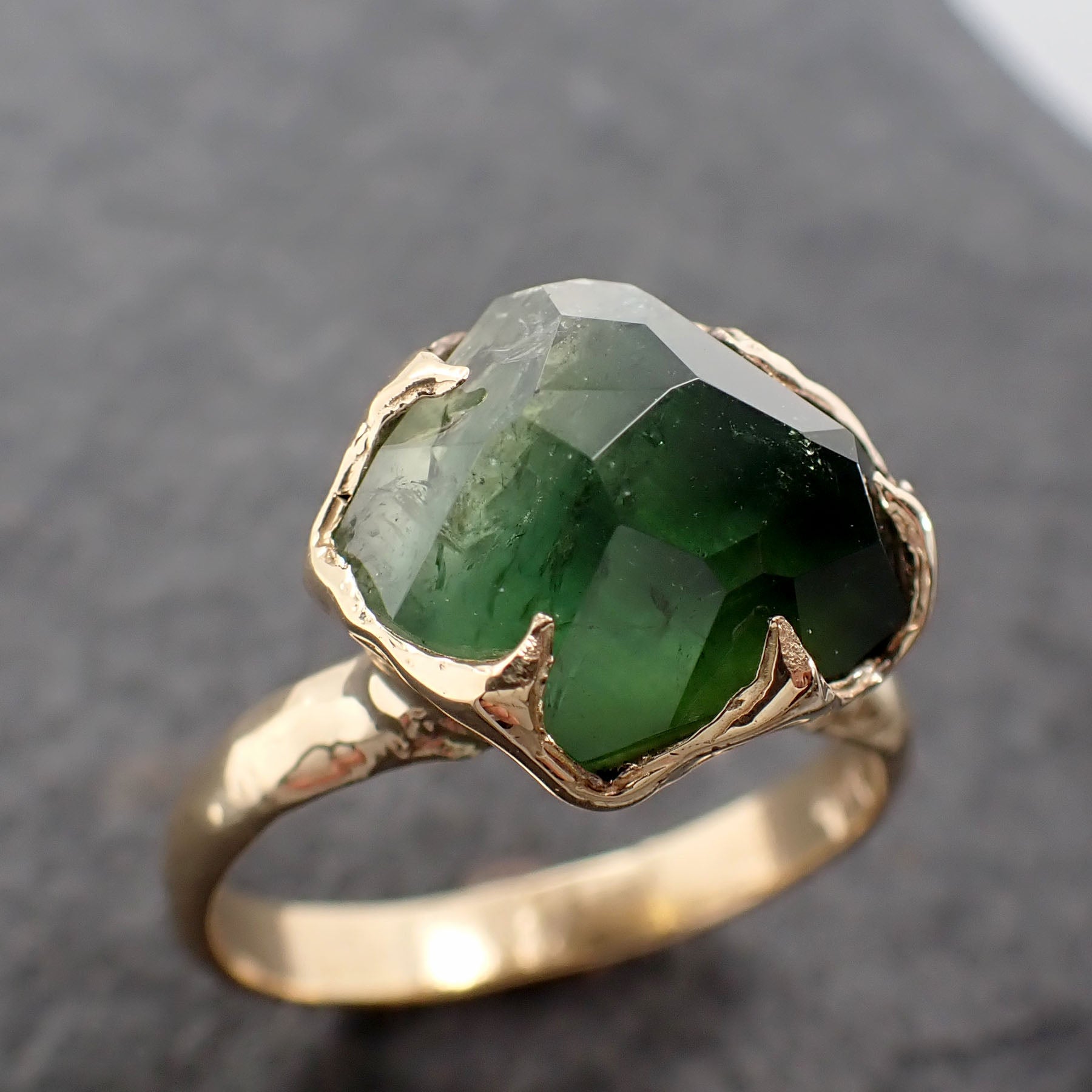 Partially faceted Solitaire Green Tourmaline 18k Yellow Gold Engagement Ring One Of a Kind Gemstone Ring byAngeline 2527
