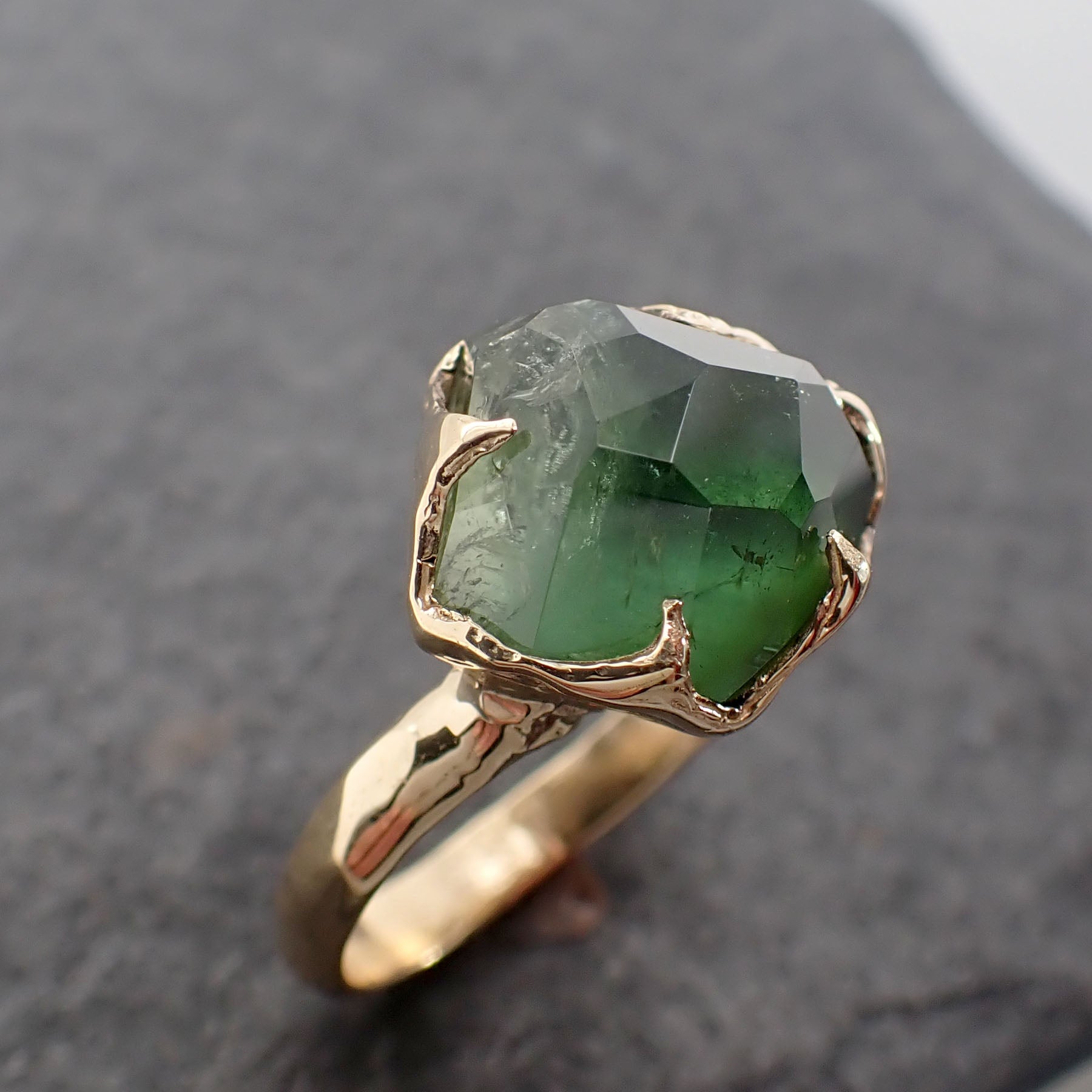 Partially faceted Solitaire Green Tourmaline 18k Yellow Gold Engagement Ring One Of a Kind Gemstone Ring byAngeline 2527