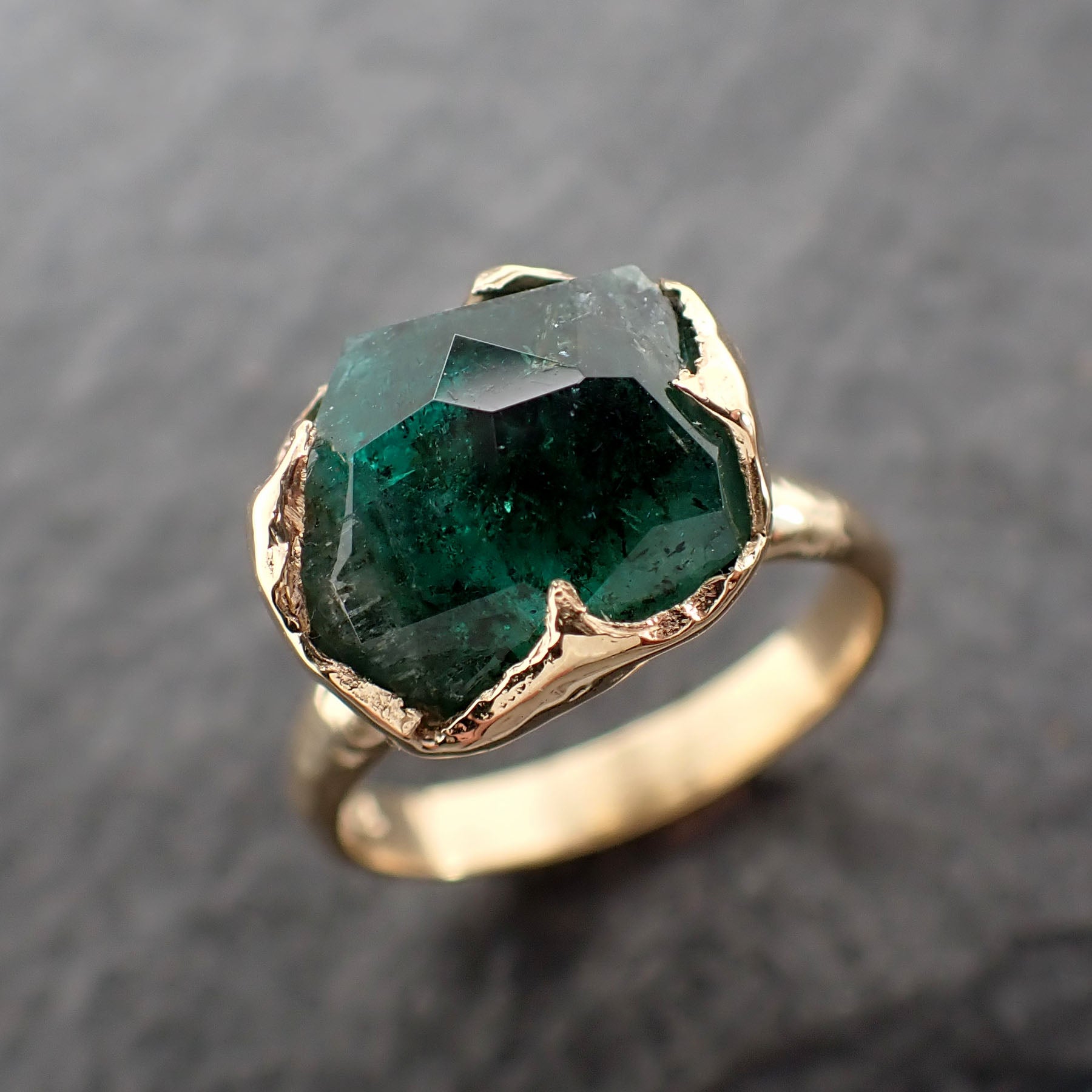 Partially Faceted Emerald Solitaire yellow 18k Gold Ring Birthstone One Of a Kind Gemstone Cocktail Ring Recycled 2528