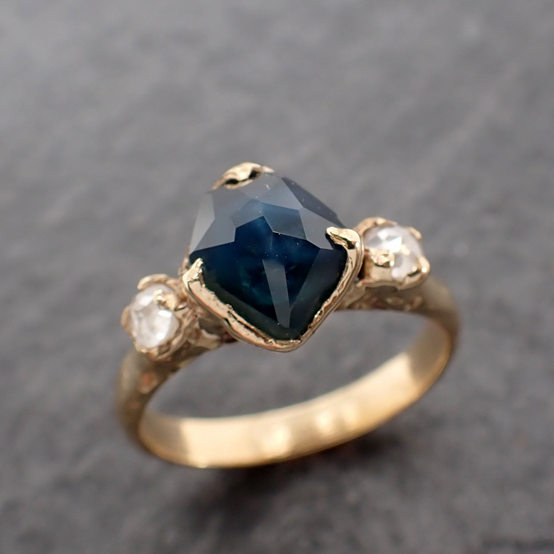 Partially faceted blue Montana Sapphire and fancy Diamonds 18k Yellow Gold Engagement Wedding Ring Gemstone Ring Multi stone Ring 2529