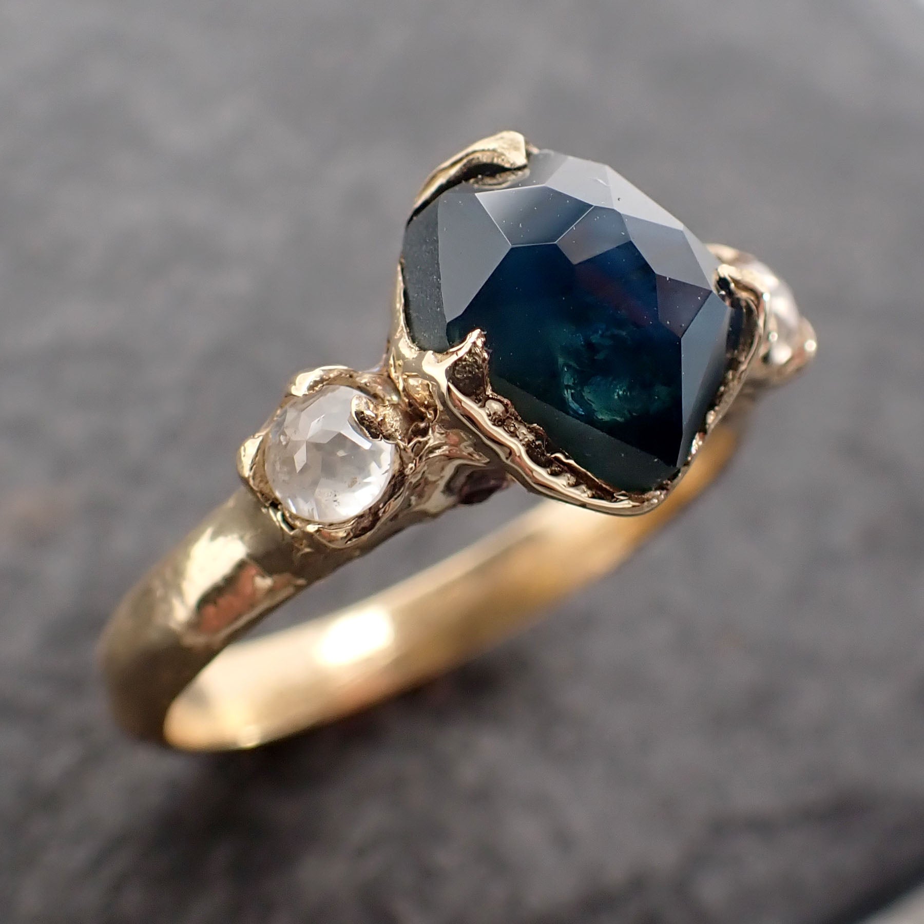 Partially faceted blue Montana Sapphire and fancy Diamonds 18k Yellow Gold Engagement Wedding Ring Gemstone Ring Multi stone Ring 2529