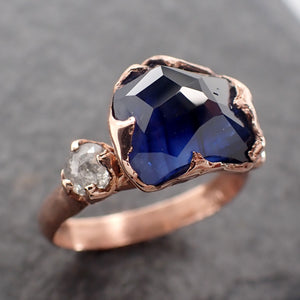 Partially faceted blue Sapphire and fancy Diamonds 14k Rose Gold Engagement Wedding Ring Gemstone Ring Multi stone Ring 2536