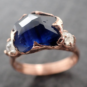Partially faceted blue Sapphire and fancy Diamonds 14k Rose Gold Engagement Wedding Ring Gemstone Ring Multi stone Ring 2536