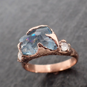 Partially Faceted Aquamarine and Diamond 14k rose Gold Multi stone Ring OOAK Gemstone Ring Recycled gold 2532