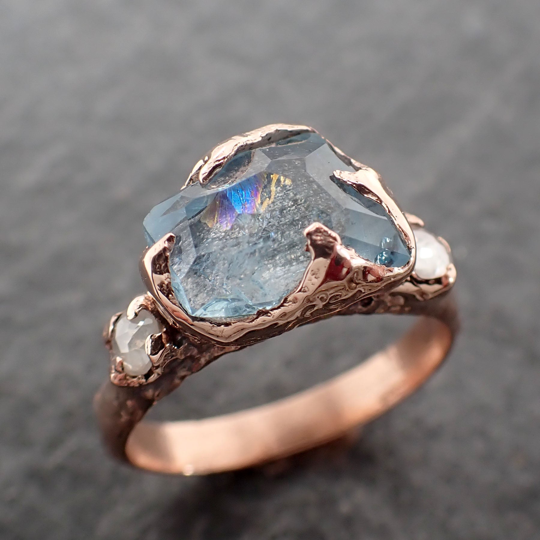 partially faceted aquamarine and diamond 14k rose gold multi stone ring ooak gemstone ring recycled gold 2532 Alternative Engagement