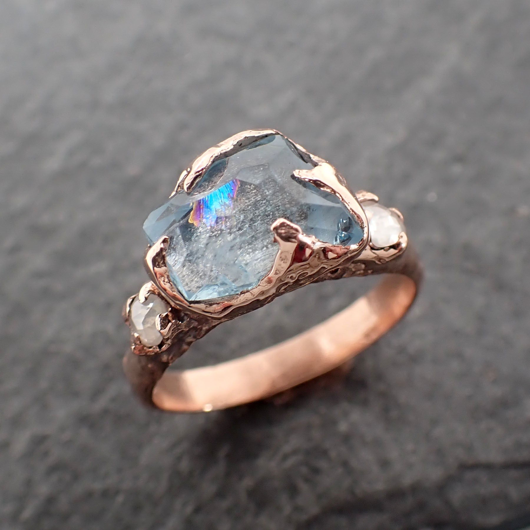 Partially Faceted Aquamarine and Diamond 14k rose Gold Multi stone Ring OOAK Gemstone Ring Recycled gold 2532
