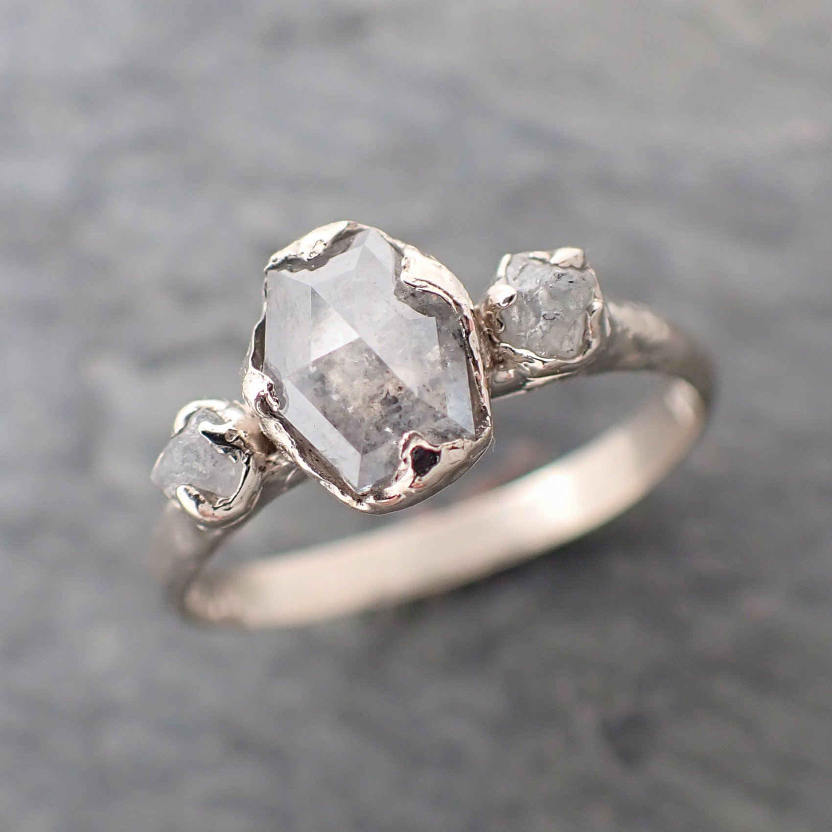 fancy cut salt and pepper diamond multi stone engagement 14k white gold wedding ring rough diamond ring byangeline 2278 Alternative Engagement