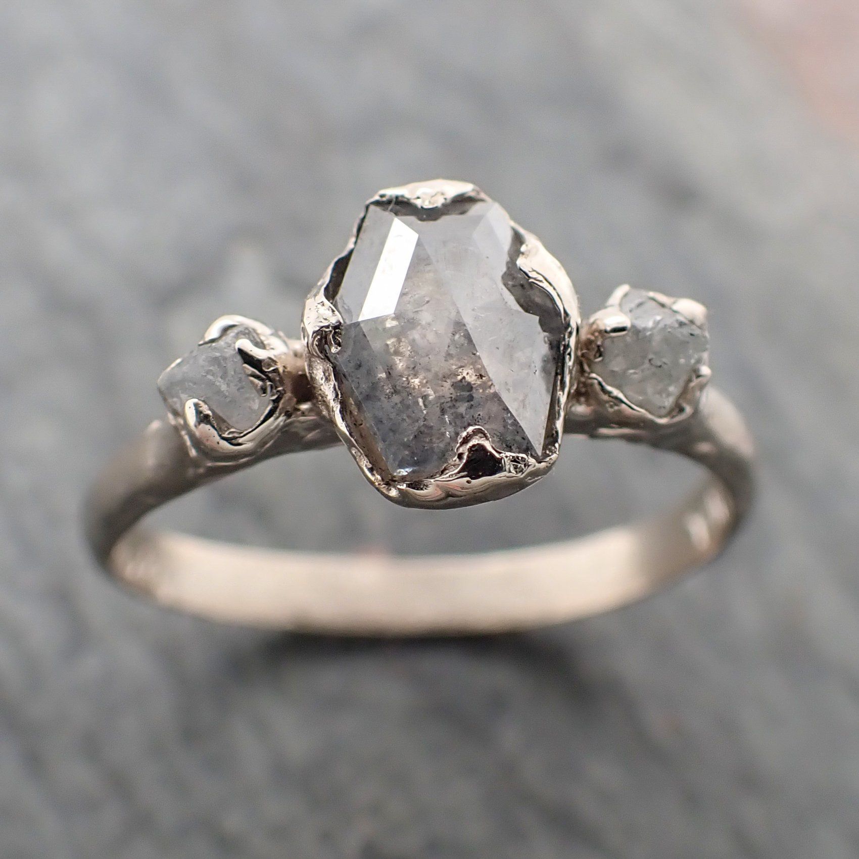 fancy cut salt and pepper diamond multi stone engagement 14k white gold wedding ring rough diamond ring byangeline 2278 Alternative Engagement