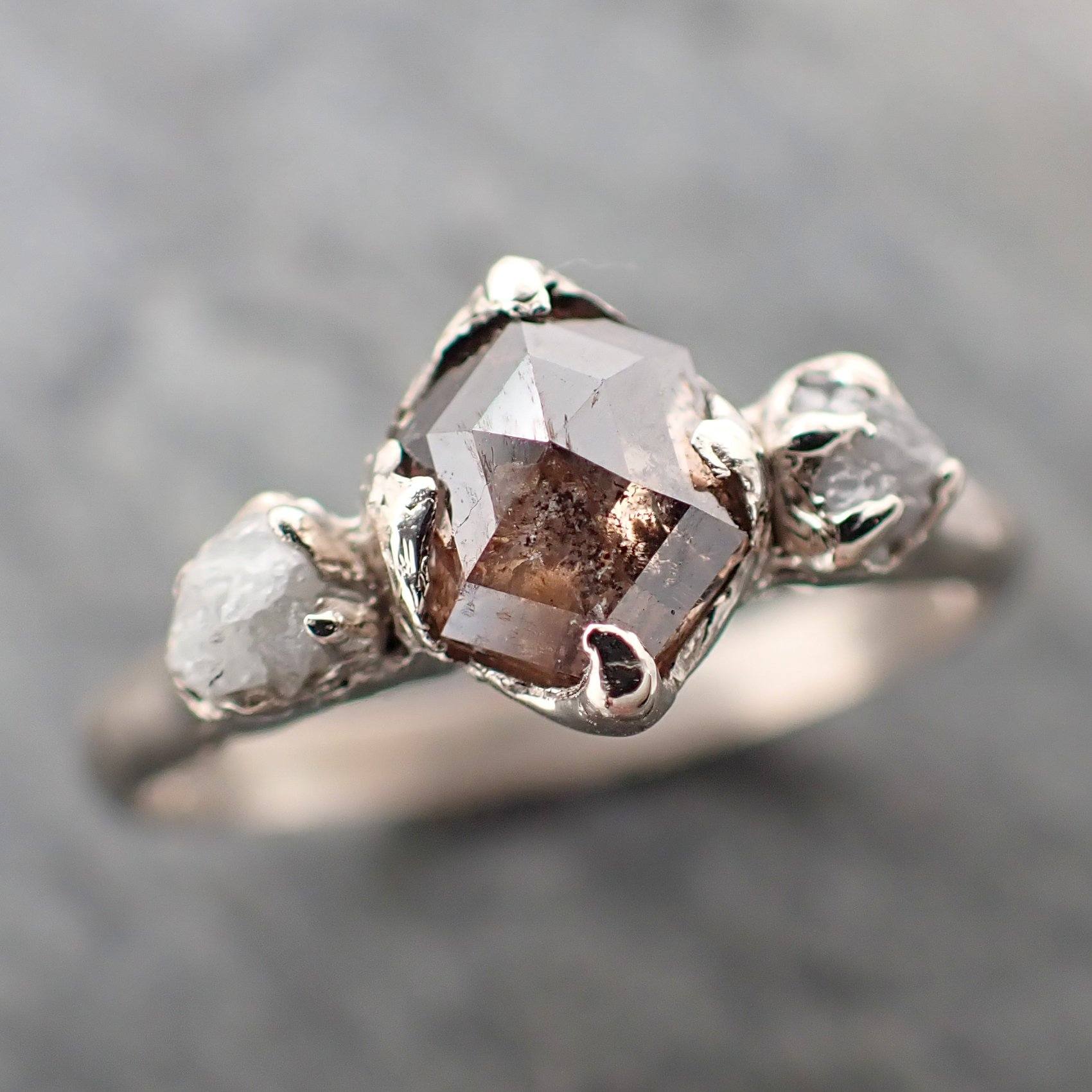 fancy cut salt and pepper diamond multi stone engagement 14k white gold wedding ring rough diamond ring byangeline 2277 Alternative Engagement