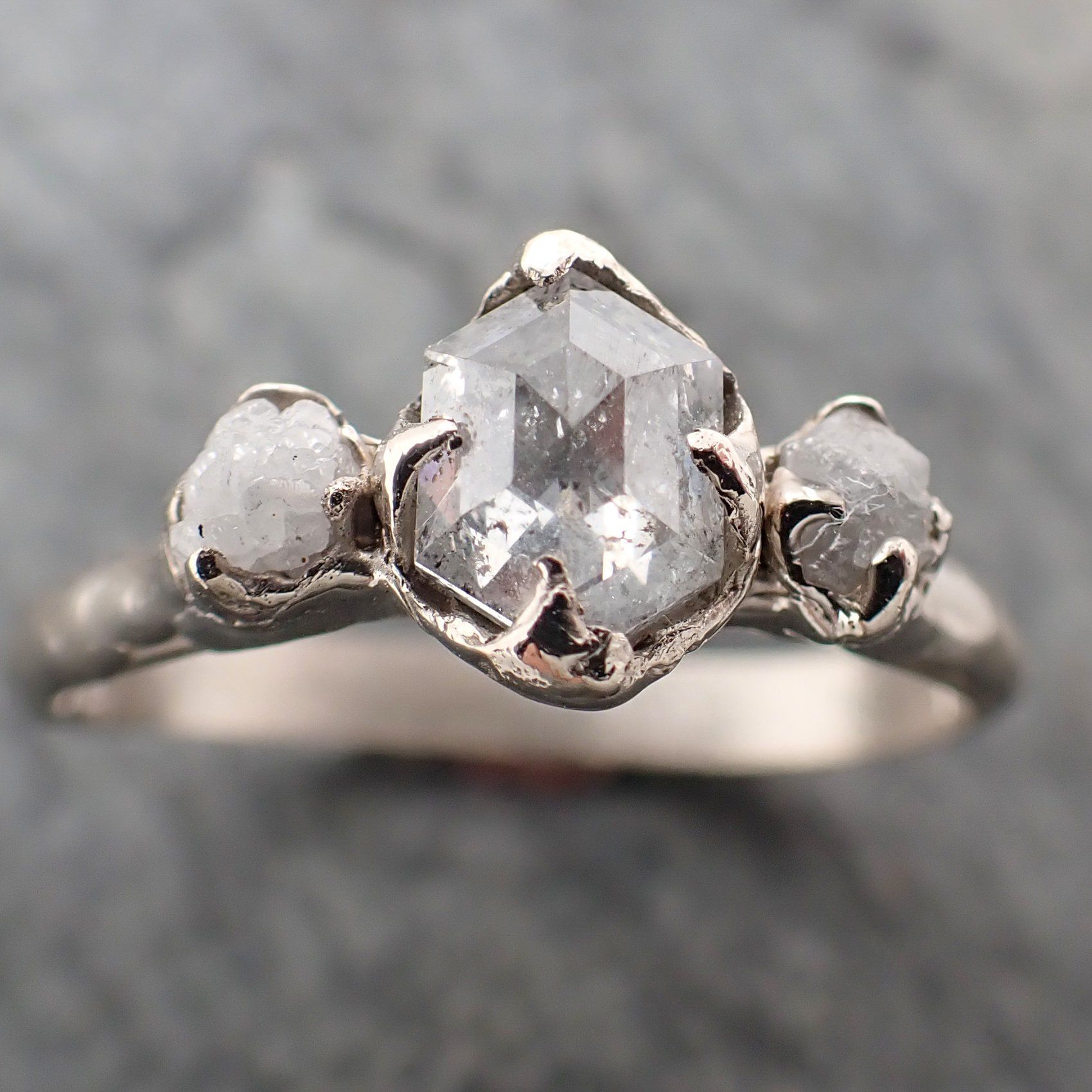 fancy cut salt and pepper diamond multi stone engagement 14k white gold wedding ring rough diamond ring byangeline 2279 Alternative Engagement