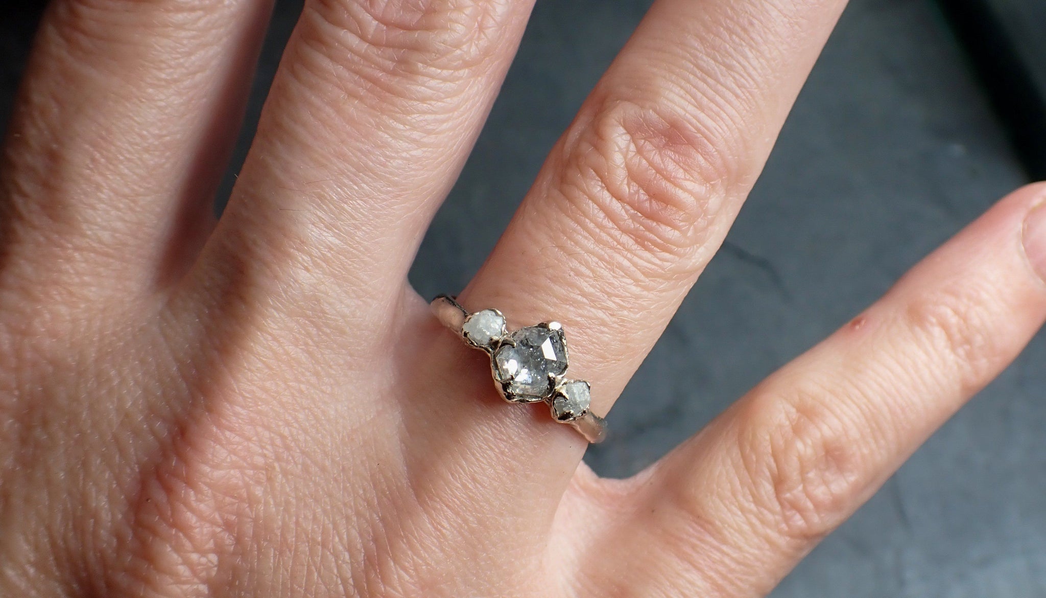 fancy cut salt and pepper diamond multi stone engagement 14k white gold wedding ring rough diamond ring byangeline 2279 Alternative Engagement