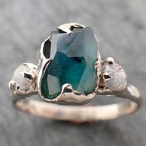 montana sapphire partially faceted multi stone rough diamond 14k white gold engagement ring wedding ring custom gemstone ring three stone 2274 Alternative Engagement