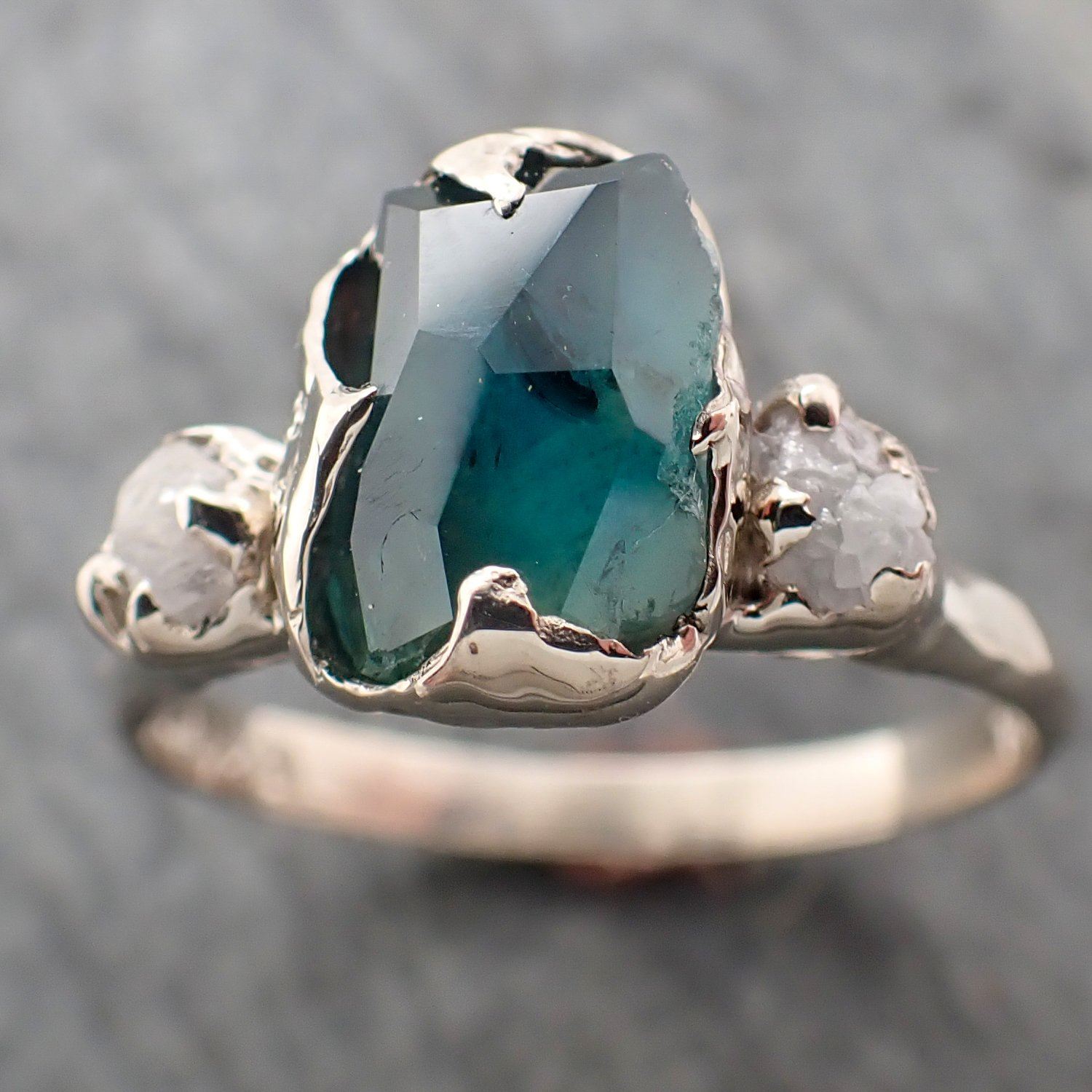 montana sapphire partially faceted multi stone rough diamond 14k white gold engagement ring wedding ring custom gemstone ring three stone 2274 Alternative Engagement