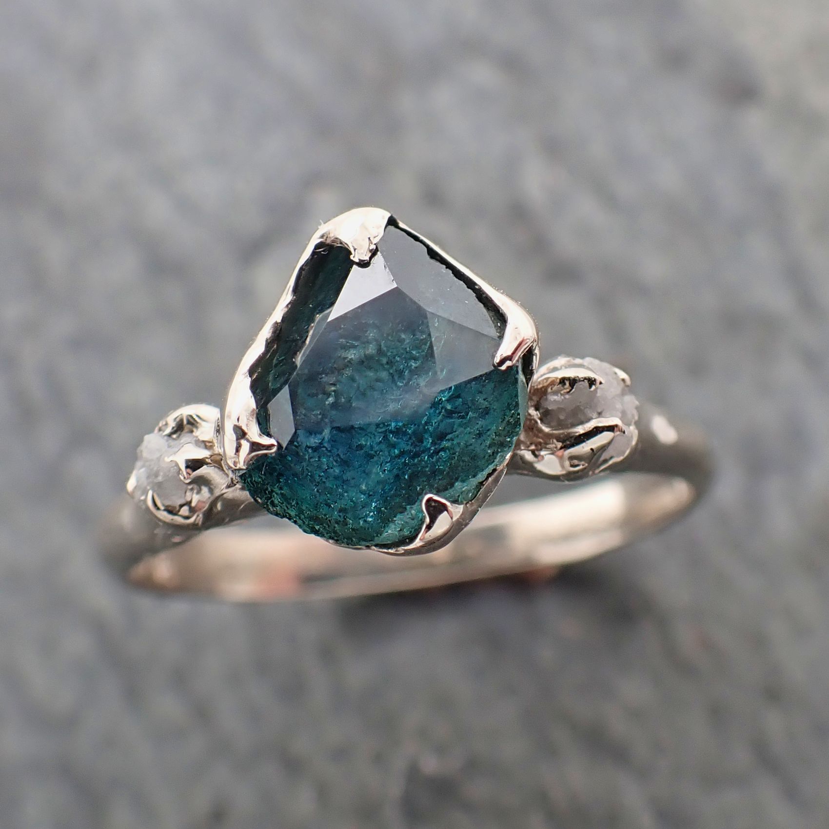 partially faceted montana sapphire diamond 14k white gold engagement ring wedding ring custom blue gemstone ring multi stone ring 2282 Alternative Engagement