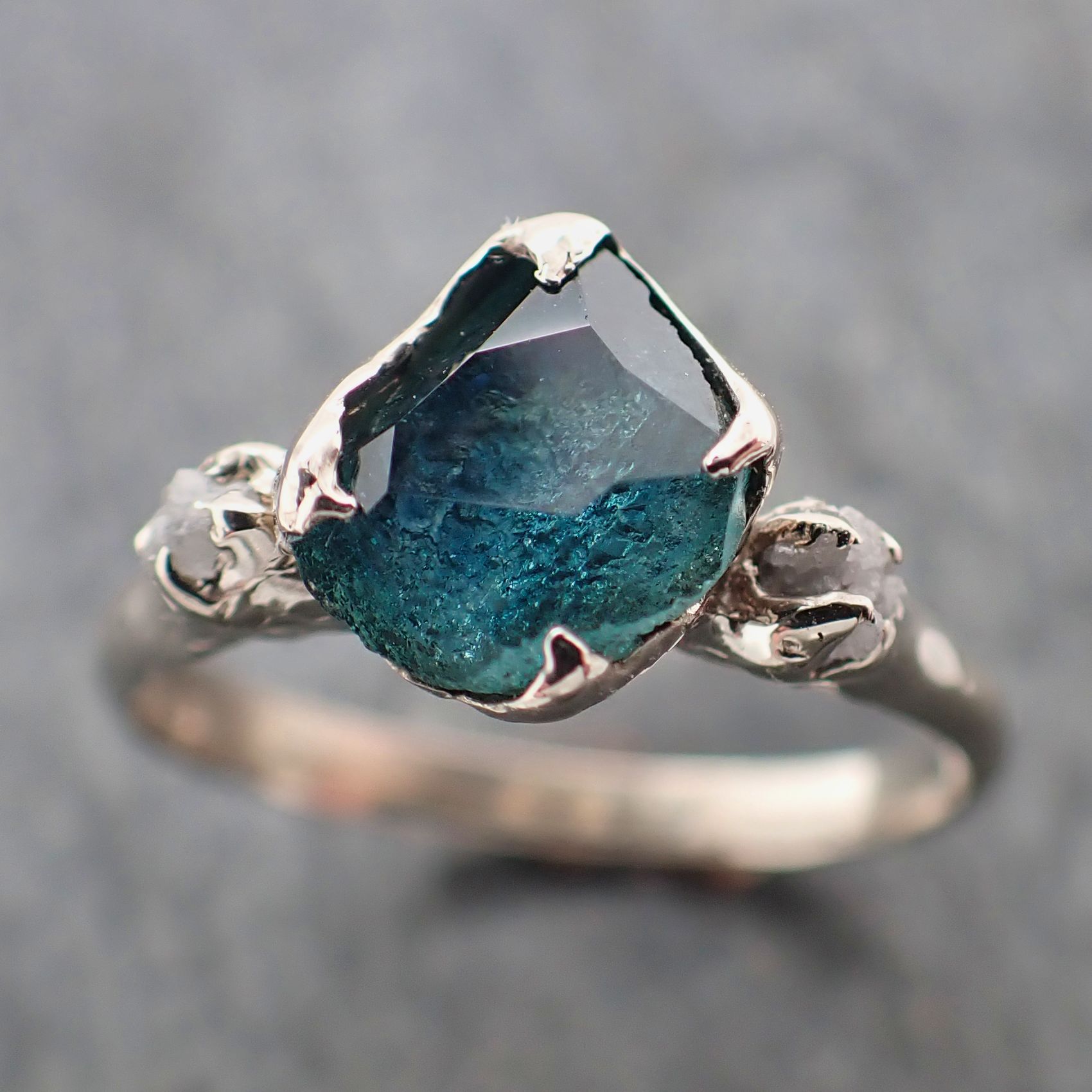 partially faceted montana sapphire diamond 14k white gold engagement ring wedding ring custom blue gemstone ring multi stone ring 2282 Alternative Engagement