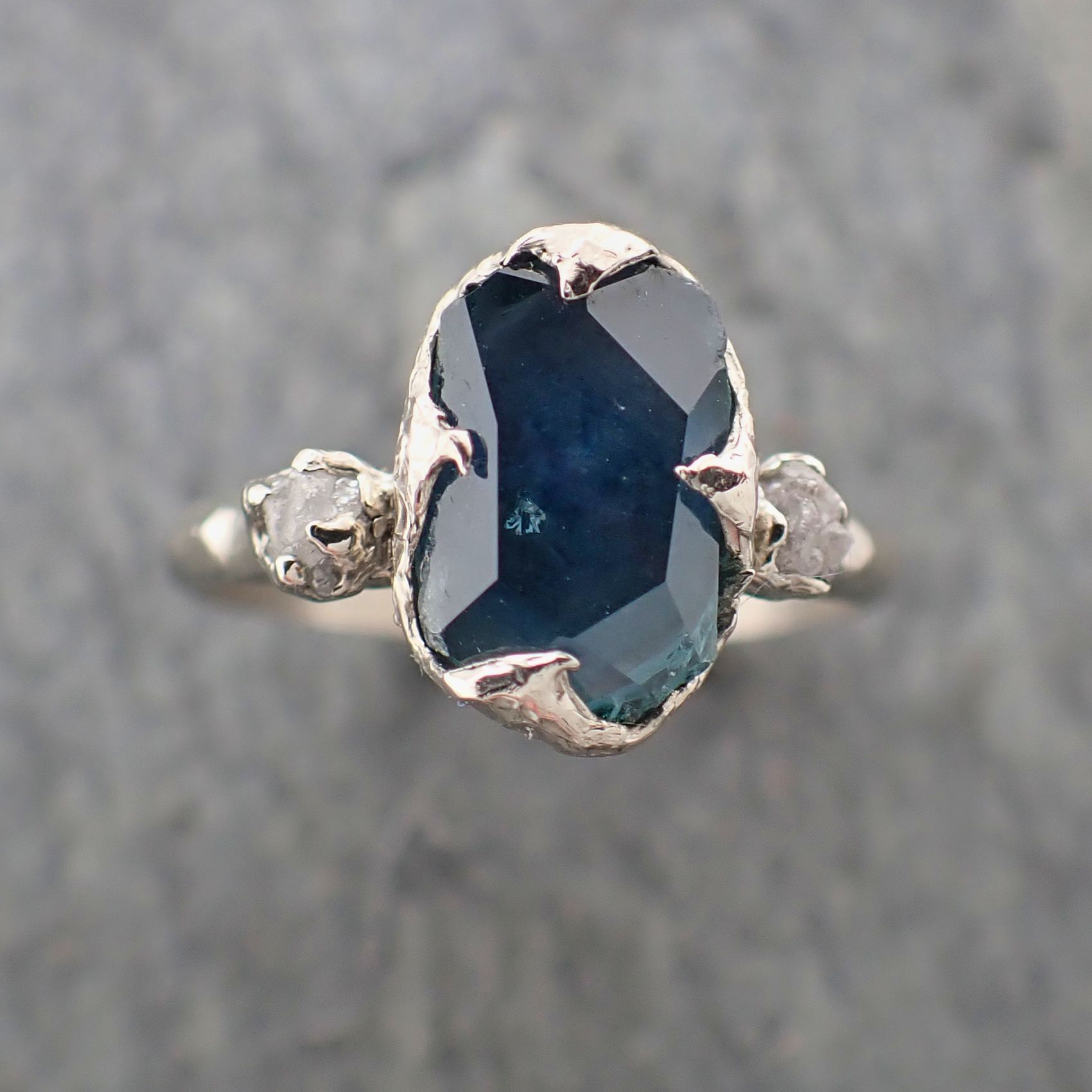 partially faceted montana sapphire diamond 14k white gold engagement ring wedding ring custom blue gemstone ring multi stone ring 2283 Alternative Engagement
